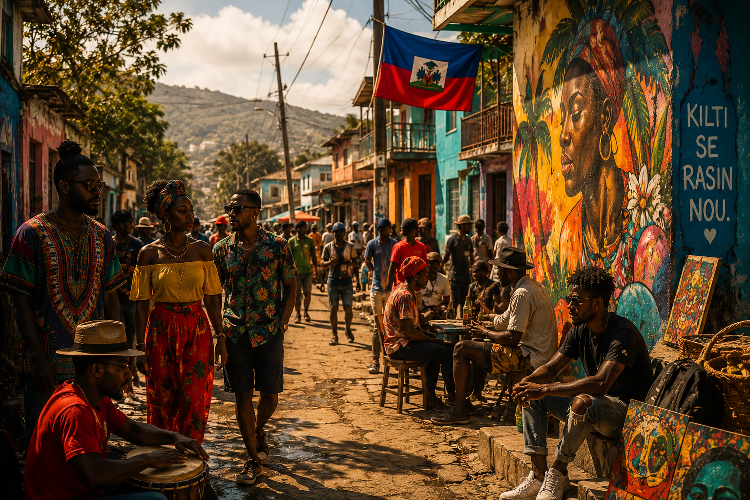 Haitian street scene with mural, flag and drummer